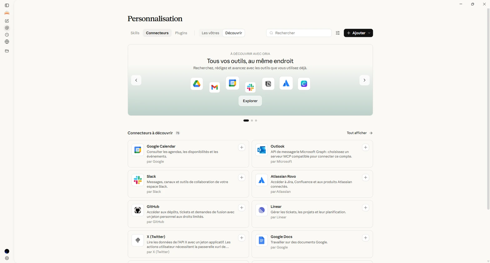 Le catalogue de connexions d’Oria, avec Calendar, Slack, GitHub et Linear.
