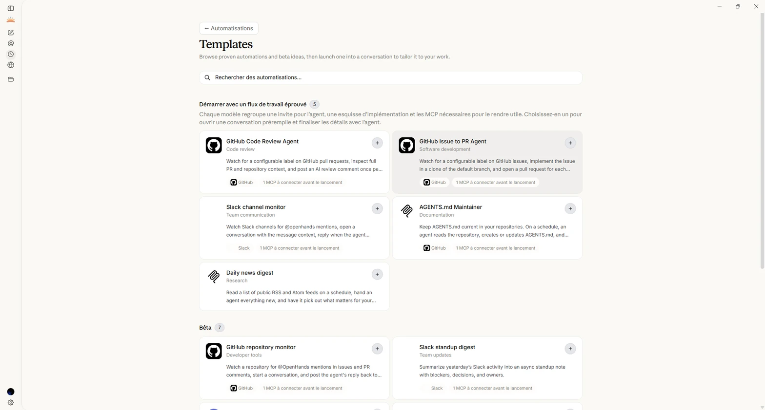 Les modèles de routines disponibles dans Oria.
